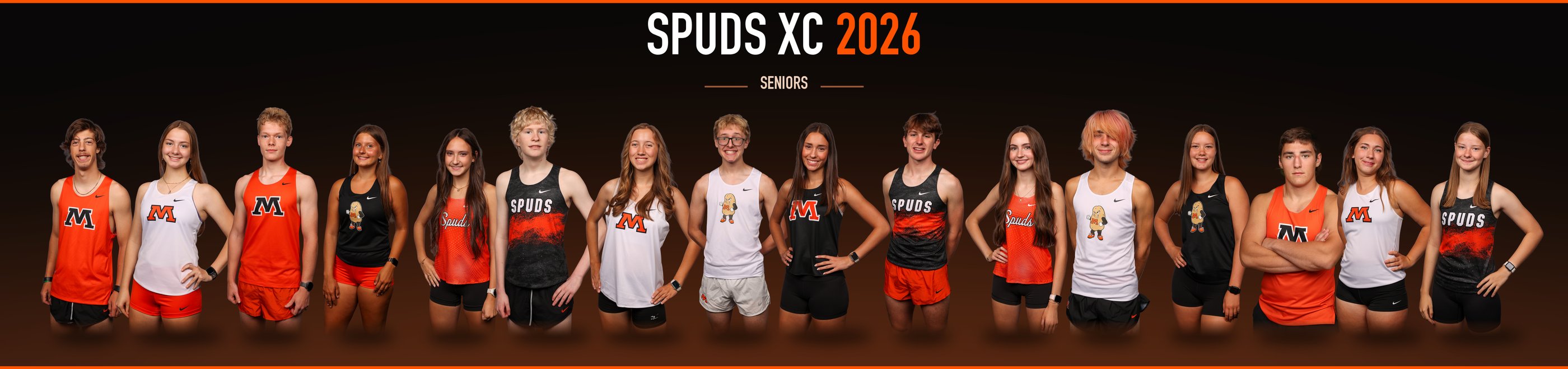 The sixteen Moorhead Spuds cross country seniors of 2026 in team uniforms