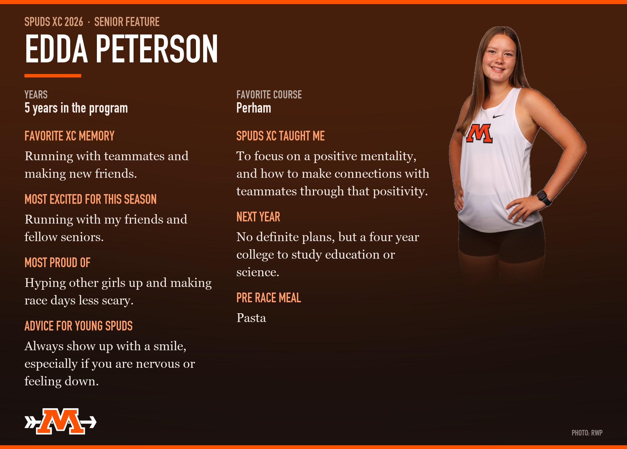 Senior feature: Edda Peterson, five years in the program, favorite course Perham.