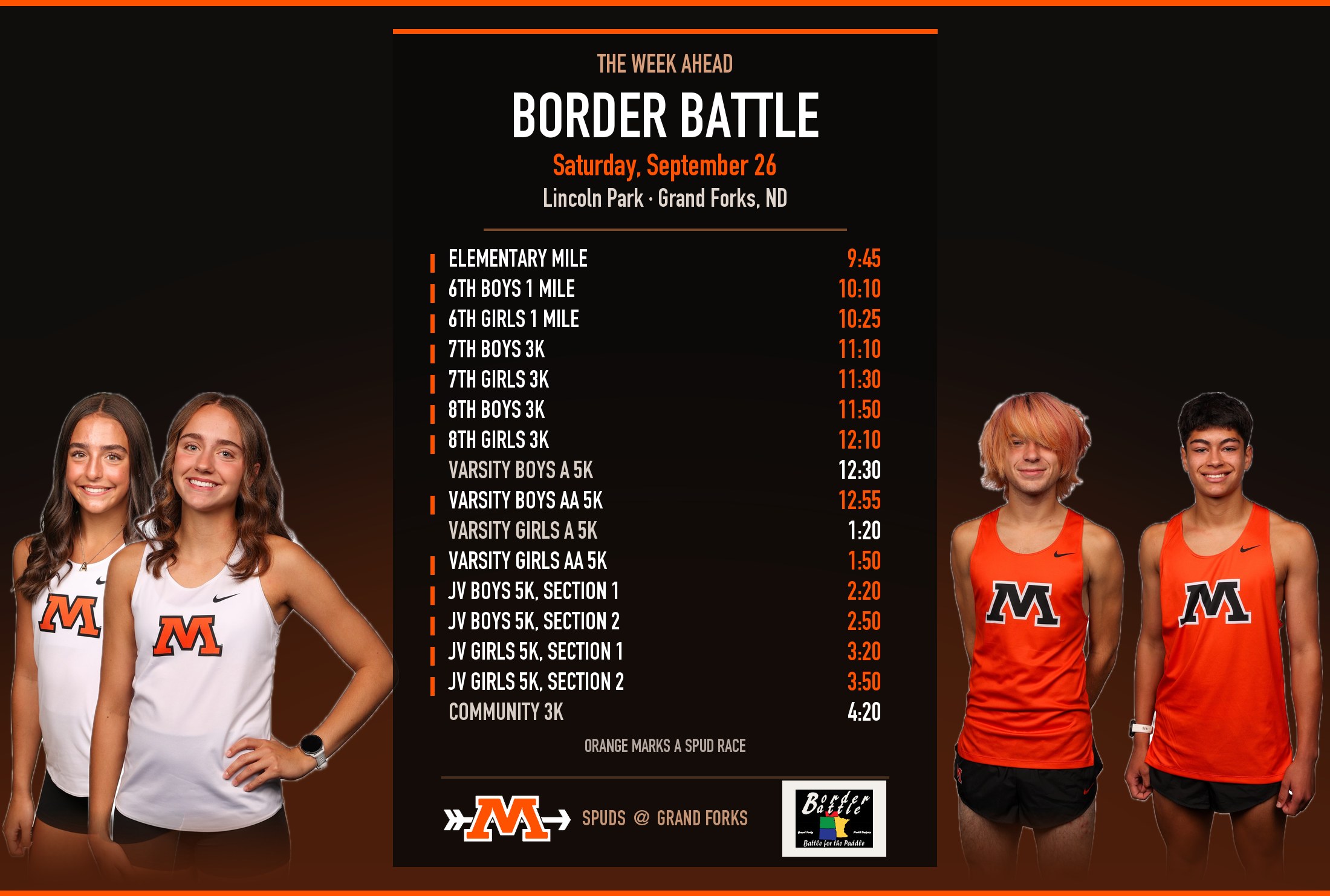 Week Ahead: Border Battle, Saturday September 26, Lincoln Park, Grand Forks ND. Full race schedule from the Elementary Mile at 9:45 to the Community 3K at 4:20, with the Spud races marked in orange.