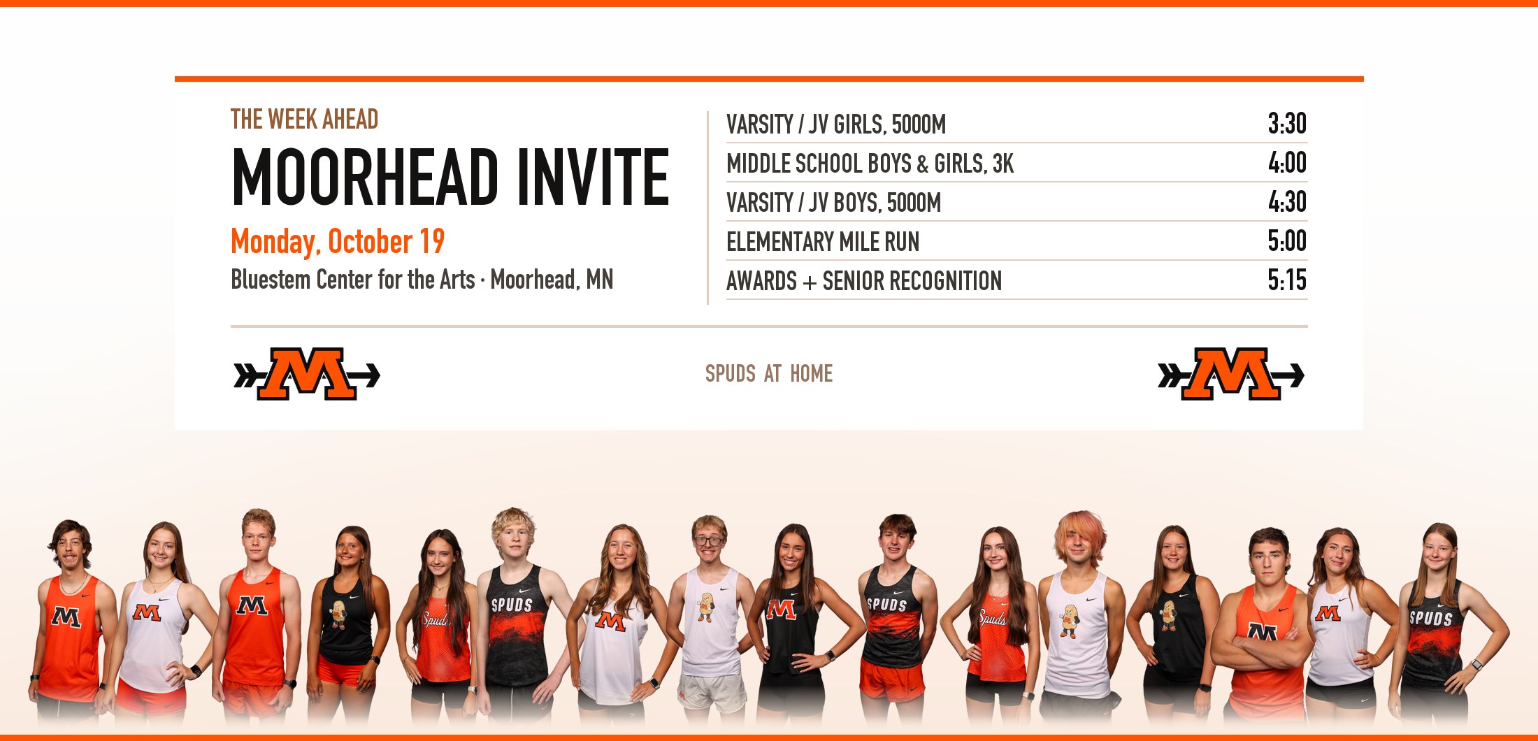 Week Ahead: Moorhead Invite, Monday October 19 at Bluestem. Varsity and JV girls 5000m at 3:30, middle school 3k at 4:00, varsity and JV boys 5000m at 4:30, elementary mile at 5:00, awards and senior recognition at 5:15. All sixteen Moorhead seniors pictured.